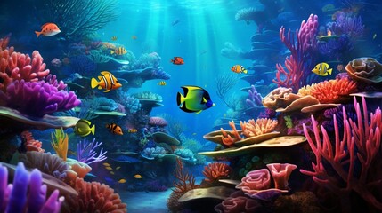 Fototapeta na wymiar A realistic digital rendering of a vibrant coral reef teeming with exotic fish and marine life, creating a lively and colorful background