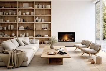 A modern Scandinavian living room with an emphasis on sustainable materials and eco-friendly design.
