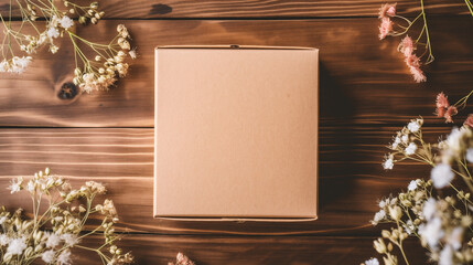 Brown box with flowers on wooden background. Top view. Flat lay