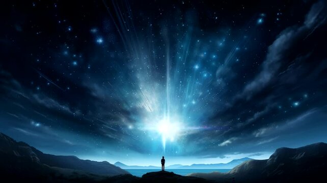 A man standing with interstellar background scenes, animated virtual repeating seamless 4k