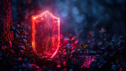 A clear shield that glows red. Within the dense forest, Concept protects - obrazy, fototapety, plakaty