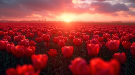 Obraz premium Field of colorful tulips There are bright colors and the evening sunset light.