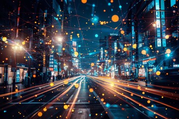 Futuristic cityscape and people concept with network connection. - obrazy, fototapety, plakaty