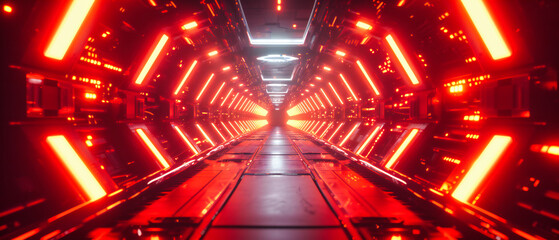 Futuristic corridor, a journey through technology and space, where neon and architecture pave the way to tomorrows dreams - obrazy, fototapety, plakaty