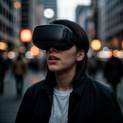 A woman wearing a VR headset stands on a city street.