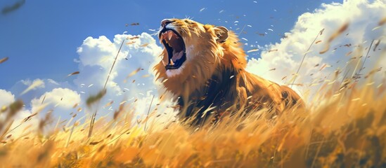 Majestic lion roaring fiercely in the midst of a golden field of tall grass
