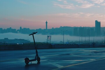A city view with an electric scooter standing still on the road