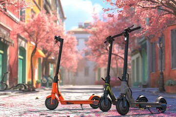 A spring street view with a photorealistic rendering of electric scooters standing still, surrounded by the vibrant colors of the season