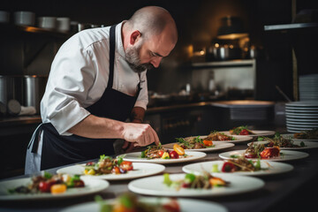 Professional Cook in Chef's Uniform Creating Delicious Gourmet Salad in Restaurant Kitchen