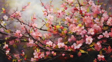 A tree branch with spring pink flowers. A branch of a fruit tree. Delicate atmospheric background and texture.