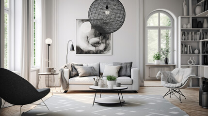 A modern Scandinavian living room with a monochromatic color scheme of whites and grays, adorned with sleek furniture, geometric patterns, and a statement chandelier.