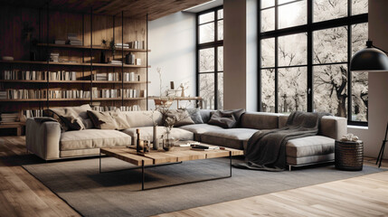 A modern Scandinavian living room with a touch of industrial elements, combining simplicity with a hint of urban charm