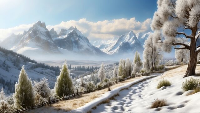 Imagine a beautiful and charming scene with a valley in the background, with a layer of snow covering the ground and cones hanging from the branches of trees