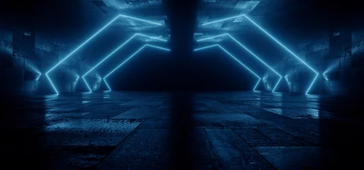  Sci FI Futuristic Neon Laser Background Stage Cyber Vibrant Blue Glow Empty Space Concrete Tiles Underground Corridor Tunnel 3D Rendering © IM_VISUALS