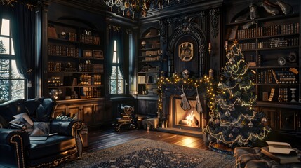 Fototapeta na wymiar Christmas setting with an armchair by the fireplace and a bookcase close to a Christmas tree decorated with garlands and gifts in red boxes, Generative AI illustration