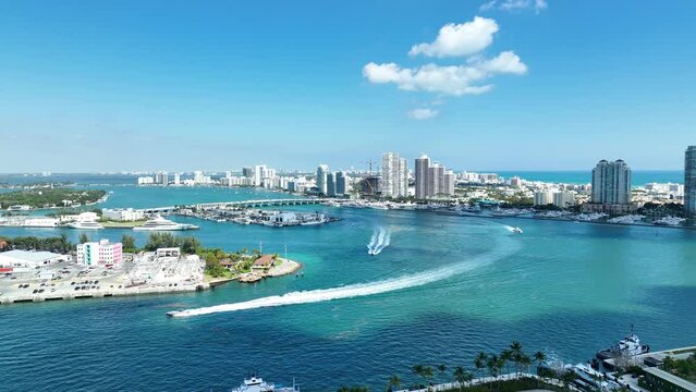 Aerial video footage of marina on Miami Beach, 4k