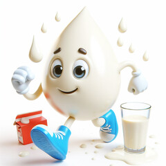 3D milk drop funny cartoon isolated on background. Healthy food and drinks. AI generated