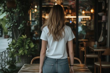 Rear view of a pensive woman in a casual white t-shirt, sitting alone in a cozy urban cafe adorned with warm string lights.
