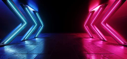 Sci Fi Futuristic Cyber Retro Gaming Tournament Showcase Product Garage Grunge Concrete Neon Laser Glowing Purple Blue Pointer Arrows Background 3D Rendering © IM_VISUALS