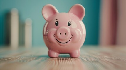 Pink smiley piggy bank on the table