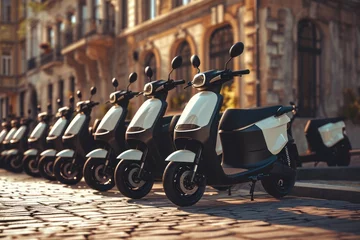 Fotobehang Photorealistic view of electric scooters parked on the picturesque European streets, seamlessly blending with the urban landscape © Anna