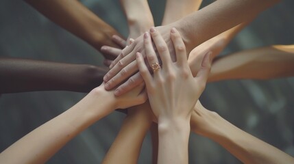 A lot of people put their hand together. Unity concept close up. United team idea. Anti racism sign. Group diverse arm on top of each other. Racial love symbol. Many different multi ethnic. Mixed race - Powered by Adobe