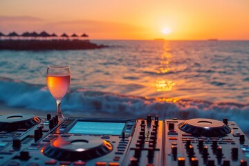 Dj mixer controller and glass of wine on the beach at sunset - obrazy, fototapety, plakaty