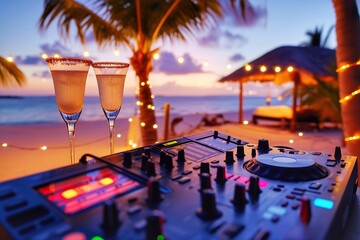 Dj mixer with two glasses of champagne on the beach at sunset - obrazy, fototapety, plakaty