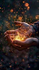 Cradling magical sparks spell of inspiration within its core in the hand at night