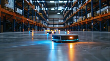An autonomous robotic vehicle with glowing lights navigates through the aisles of a vast, modern...