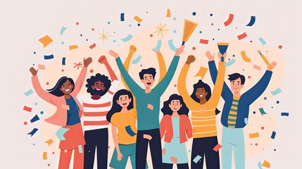 An animated illustration of a diverse group of people celebrating together, with confetti and festive elements representing joy and success. Diverse Group Celebrating Success with Confetti
 - obrazy, fototapety, plakaty
