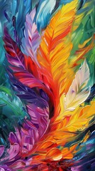 Abstract painting of colorful feathers morphing into wings