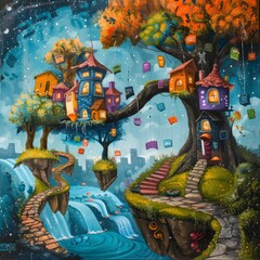 A whimsical painting of a fantasy land on trees