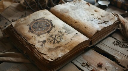 Fototapeta na wymiar A time worn book with intricate illustrations and secrets