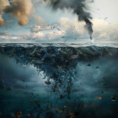 Acidic oceans Create an artwork that portrays the alarming acidification of our oceans due to excess carbon dioxide