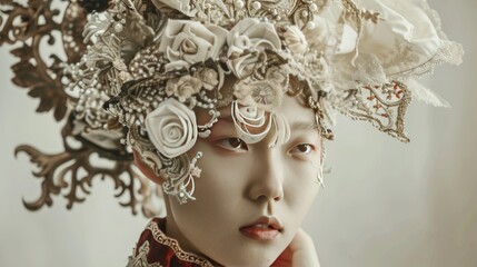 A surreal portrait of a person with an intricately detailed headpiece