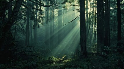 A tranquil forest scene with rays of sunlight filtering through the trees - obrazy, fototapety, plakaty