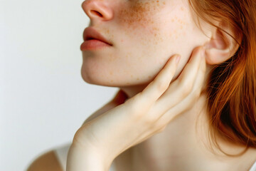 Fototapeta premium Woman with unclean skin on her face close-up on a light background
