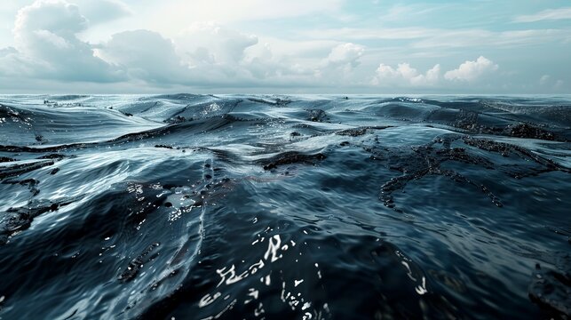 A photorealistic image depicting the devastation caused by an oil spill in the ocean