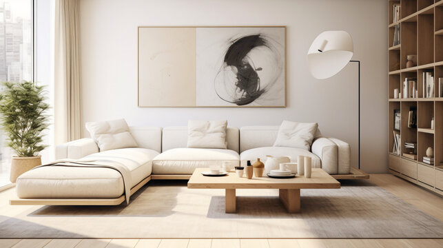 A modern Scandinavian living room with a sleek and streamlined design, featuring a modular sofa, a statement coffee table, and a large abstract artwork on the wall.