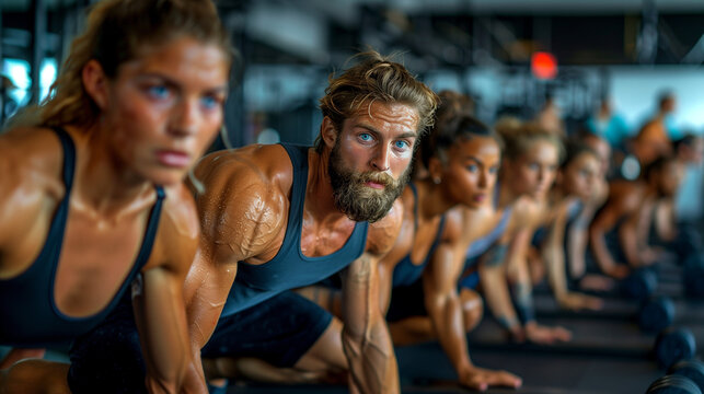 People at the gym participating in intensive strenuous workout exercise class