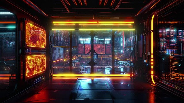 inside of futuristic control room with multiple display, and view to server room. Seamless loop animation render