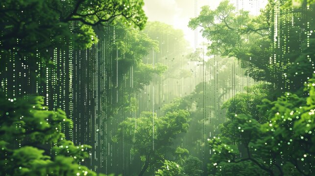 Fototapeta A fusion of nature and technology in a pixelated forest