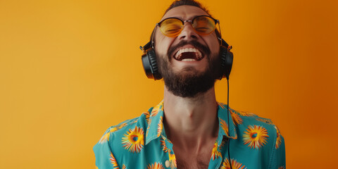 hipster funky male man with headphones smiling while listening music standing against on color background with copy space - obrazy, fototapety, plakaty