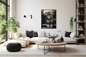 A modern Scandinavian living room with a black and white color scheme, sleek furniture, and pops of greenery, creating a contemporary and refreshing ambiance.