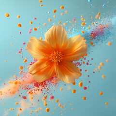 light blue background, in the middle of an explosion of colored powder there is a orange flower, shiny colors