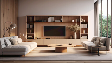 A modern Scandinavian living room with a focus on functionality and simplicity, showcasing a modular shelving system, a sleek entertainment unit, and a comfortable lounge area.