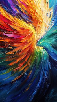 Abstract painting of colorful feathers morphing into wings