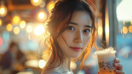 A captivating portrait of a young woman with a subtle smile, holding a cup of bubble tea in a cafe adorned with bokeh lights.
