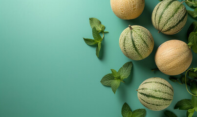 melons and mint leaves on flat green background, top view, copy space
